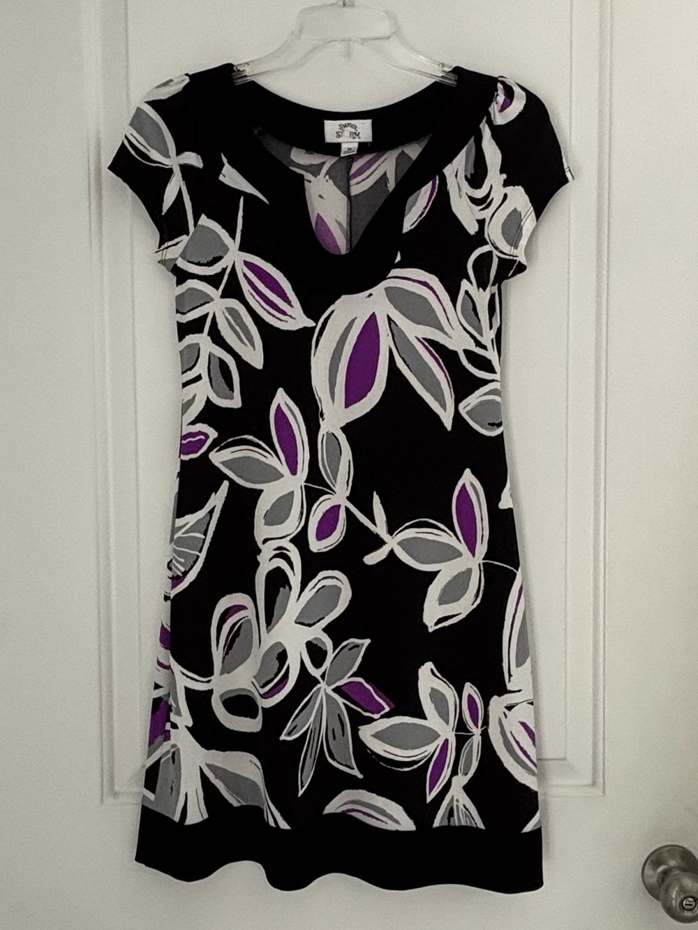 Sweet Storm Black Mini Dress with Gray and Purple Floral Print Cap Sleeve V-Neck